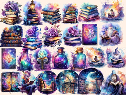 Magical Books Watercolor Clipart book stacks clipart - Wonders Artist