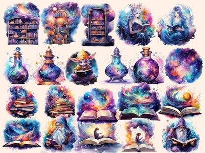 Magical Books Watercolor Clipart book stacks clipart - Wonders Artist