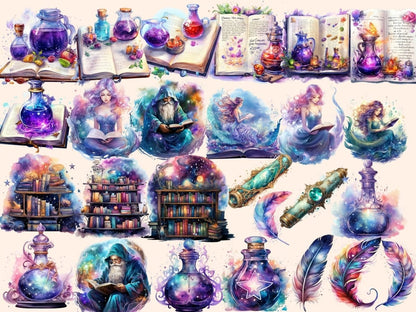 Magical Books Watercolor Clipart book stacks clipart - Wonders Artist