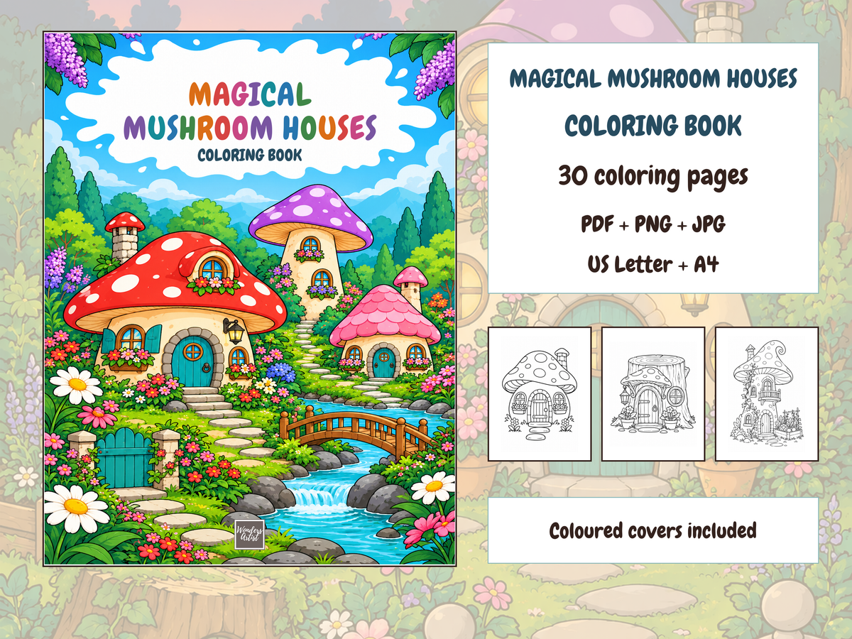 Magical Mushroom Houses Coloring Book — complete digital bundle