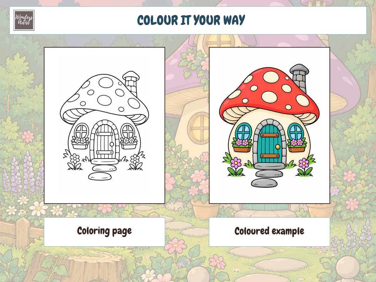 Magical Mushroom Houses Coloring Book — coloring page and example