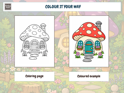 Magical Mushroom Houses Coloring Book — coloring page and example