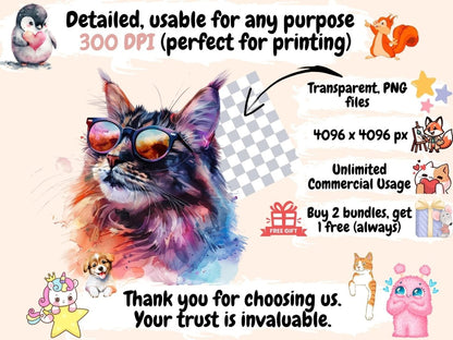 Maine Coons Watercolor Clipart Adorable Maine Coon - Wonders Artist