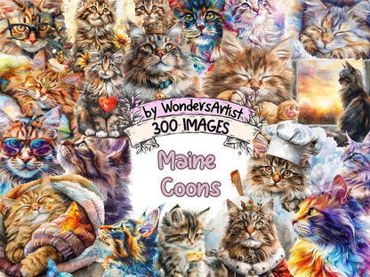 Maine Coons Watercolor Clipart Adorable Maine Coon - Wonders Artist