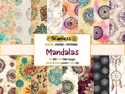 Mandalas Seamless Pattern Digital Papers boho mandala print colorful mandalas digital paper - WondersArtist