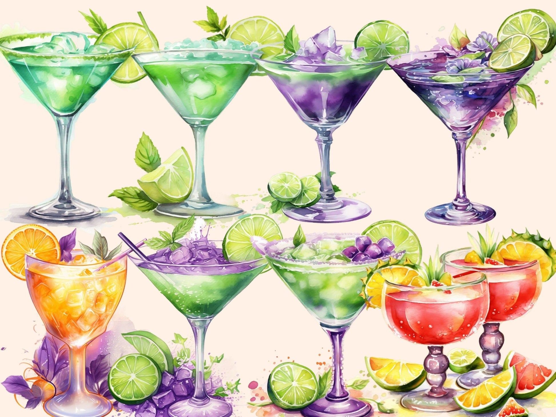 Margarita Cocktails Watercolor Clipart - High - Quality Instant Digital Download for Creative Projects