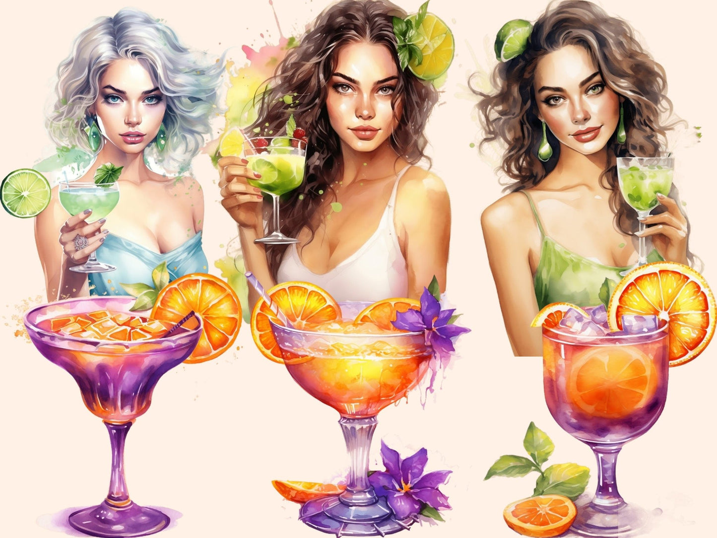 Margarita Cocktails Watercolor Clipart - High - Quality Instant Digital Download for Creative Projects