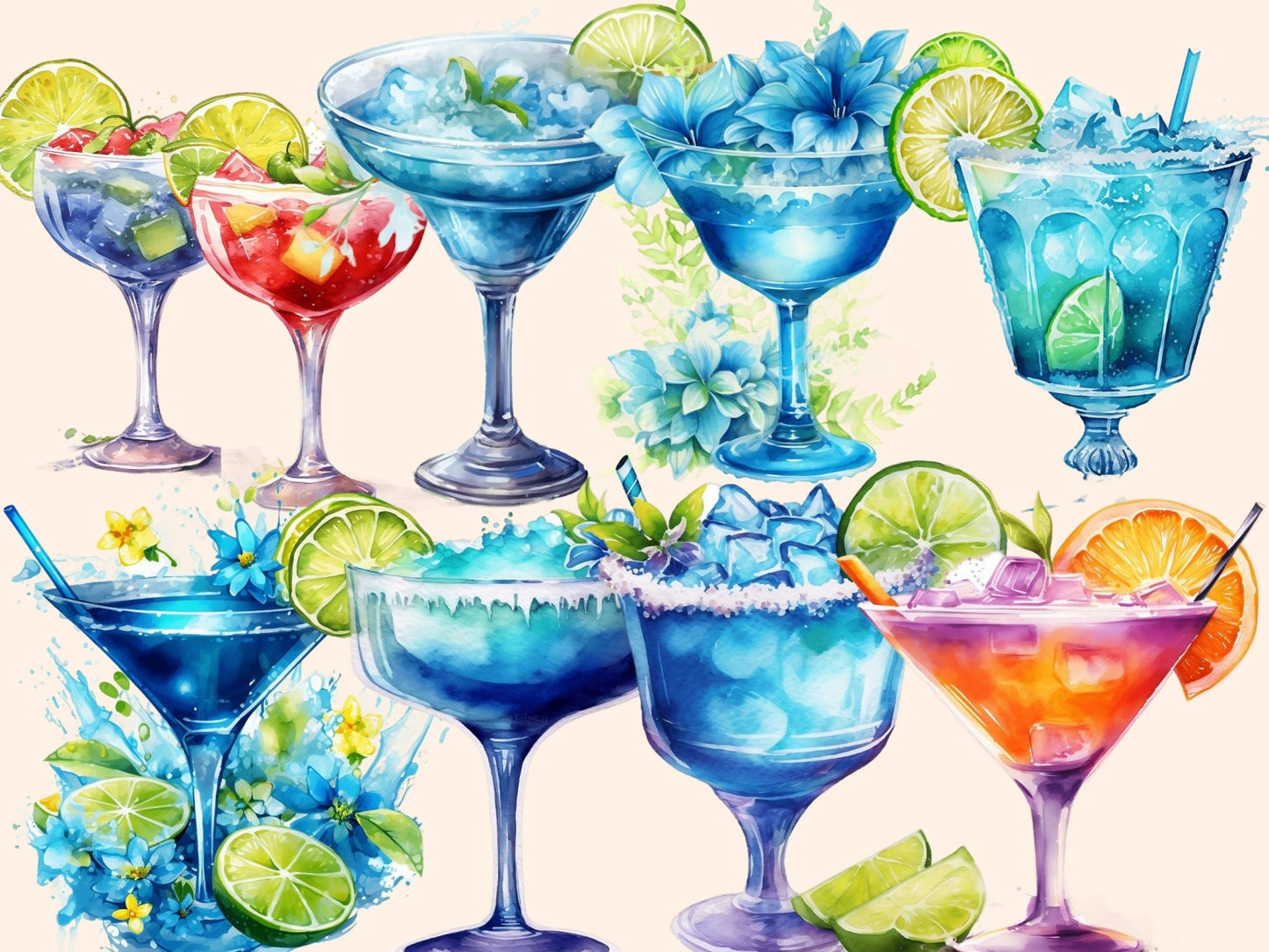 Margarita Cocktails Watercolor Clipart - High - Quality Instant Digital Download for Creative Projects