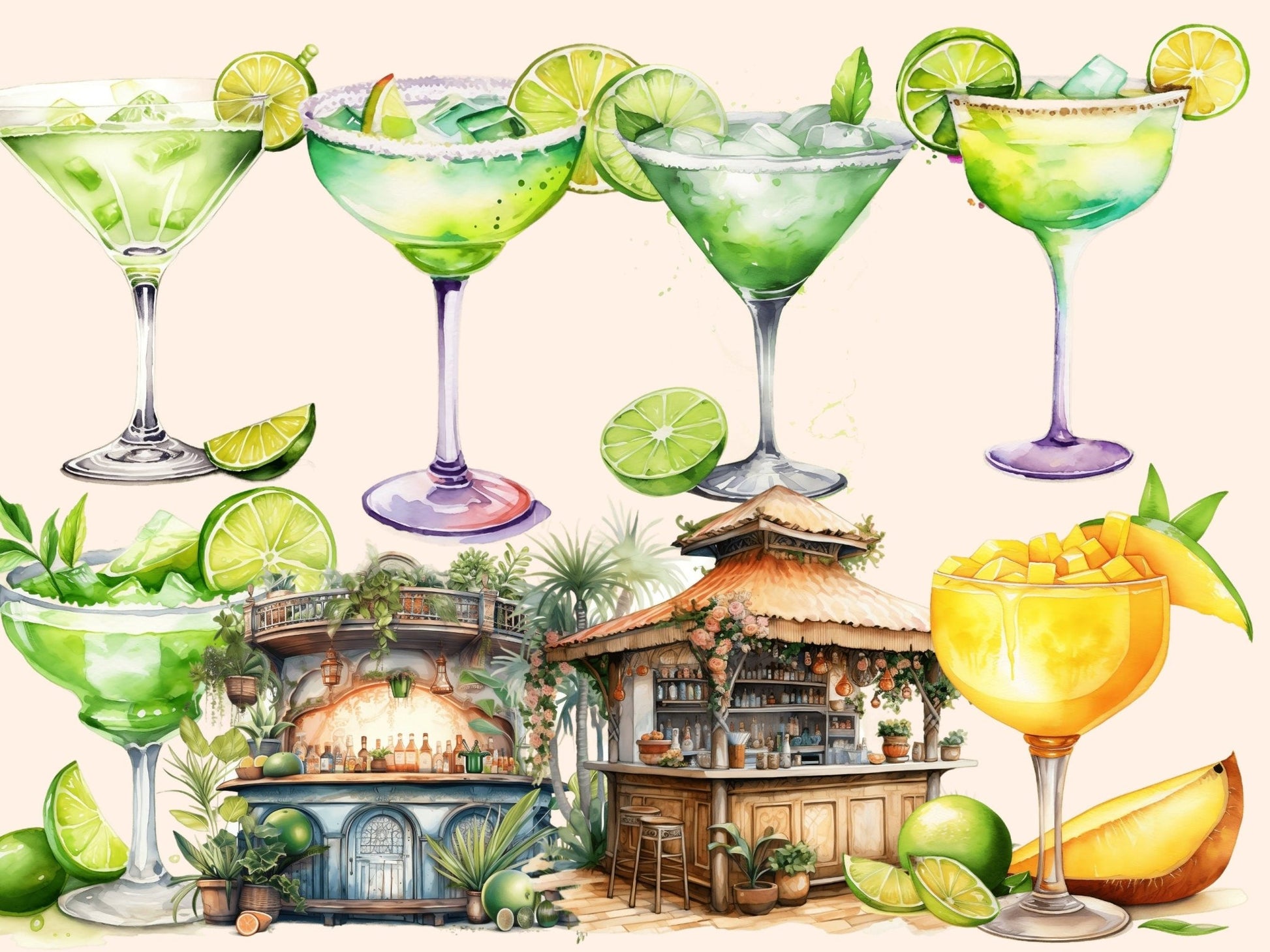 Margarita Cocktails Watercolor Clipart - High - Quality Instant Digital Download for Creative Projects