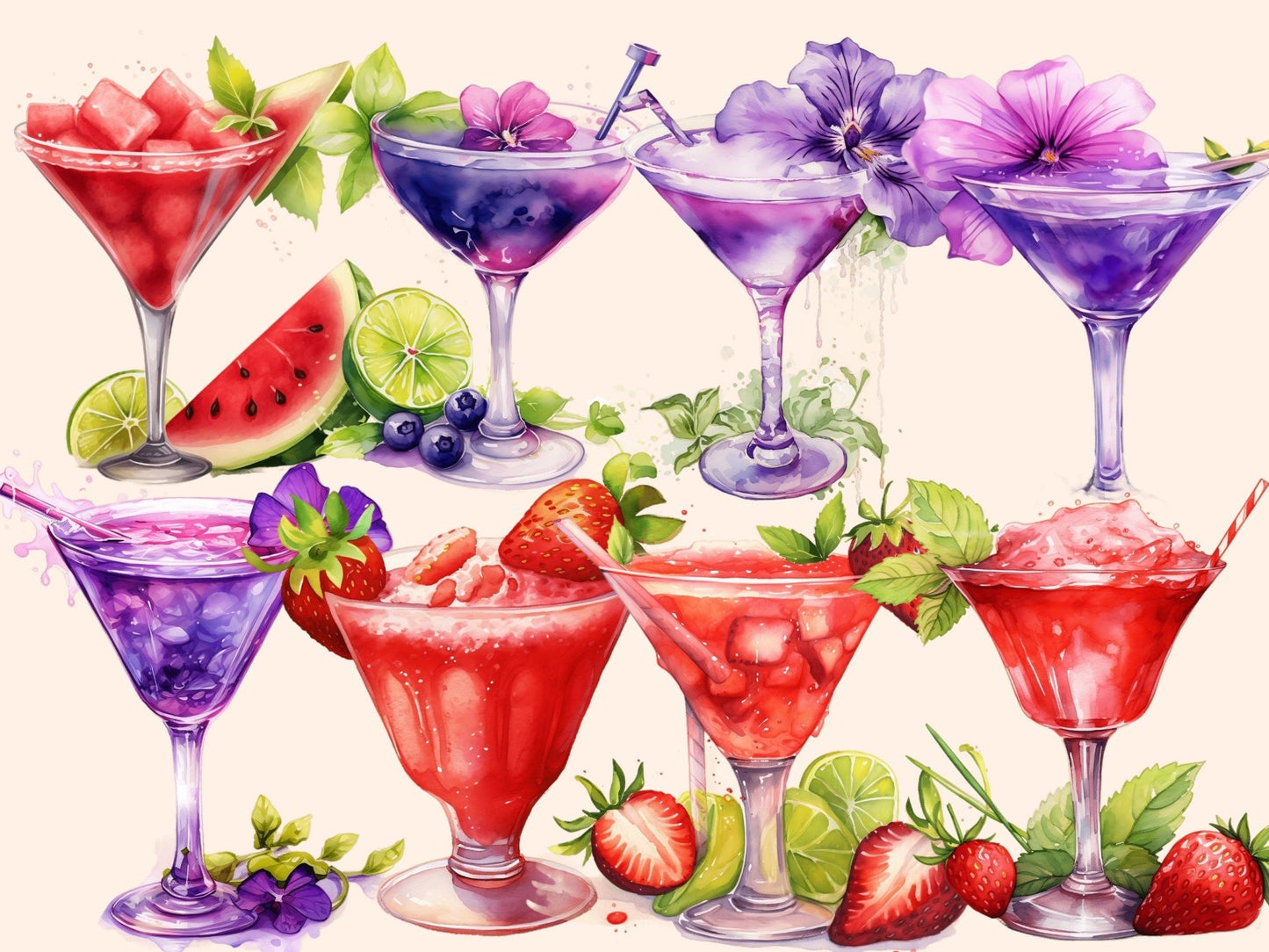 Margarita Cocktails Watercolor Clipart - High - Quality Instant Digital Download for Creative Projects