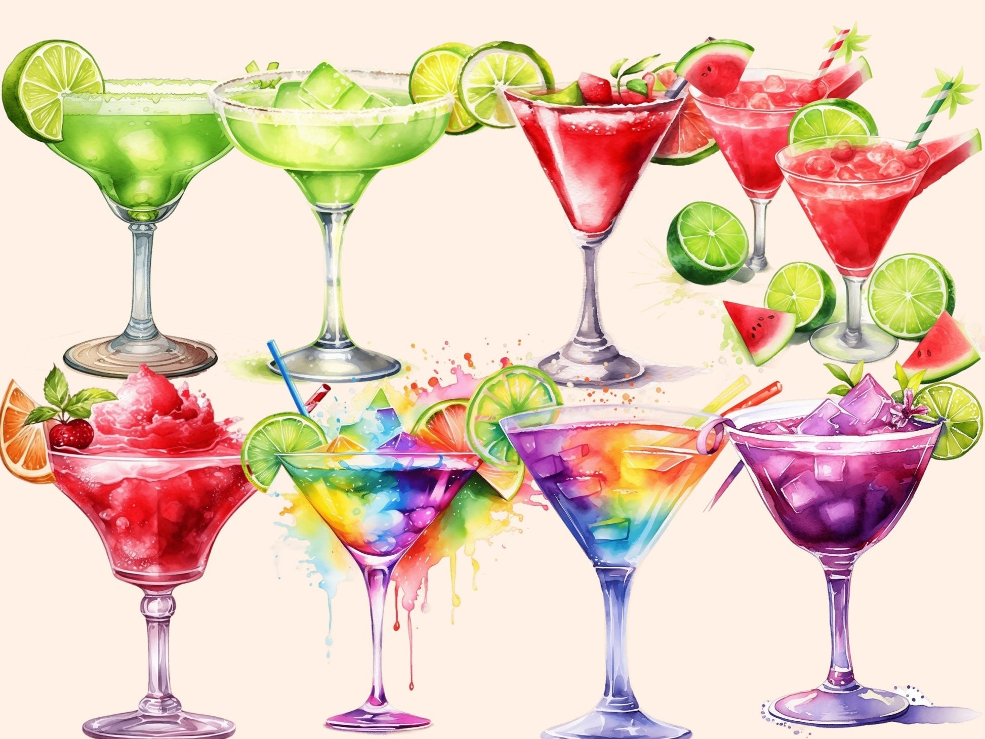 Margarita Cocktails Watercolor Clipart - High - Quality Instant Digital Download for Creative Projects