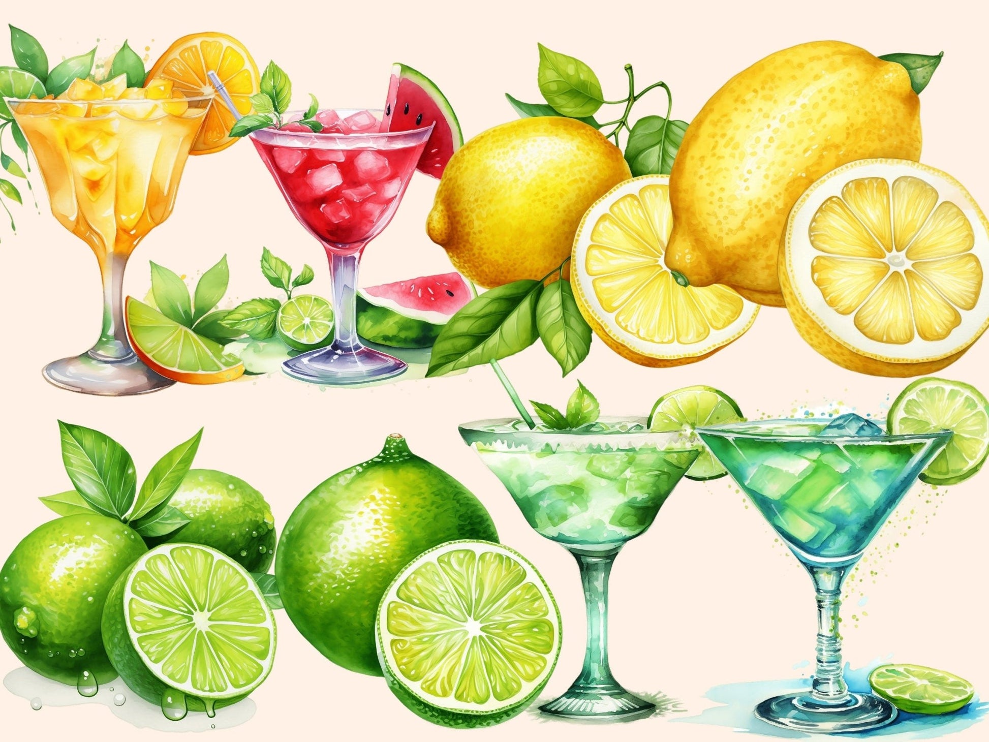 Margarita Cocktails Watercolor Clipart - High - Quality Instant Digital Download for Creative Projects