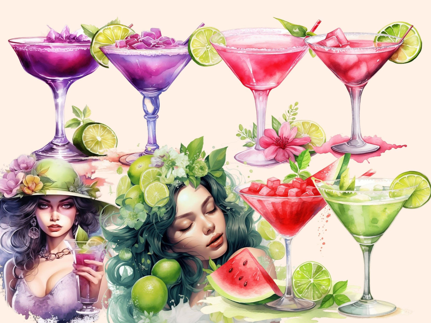 Margarita Cocktails Watercolor Clipart - High - Quality Instant Digital Download for Creative Projects