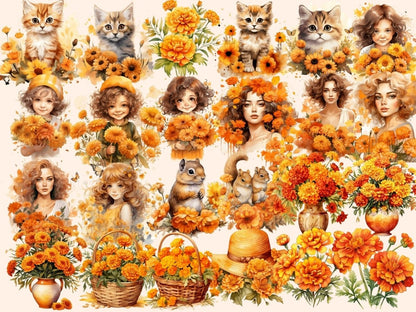 Marigold Watercolor Clipart autumn clipart - Wonders Artist