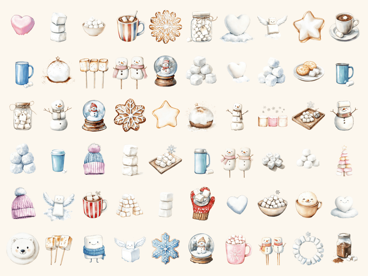 Marshmallow Winter Watercolor Clipart All Bundles Clipart Line Art - WondersArtist