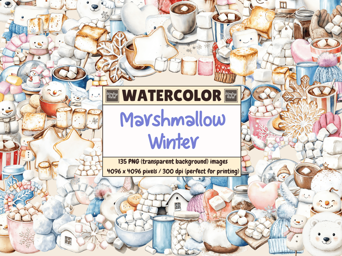 Marshmallow Winter Watercolor Clipart All Bundles Clipart Line Art - WondersArtist