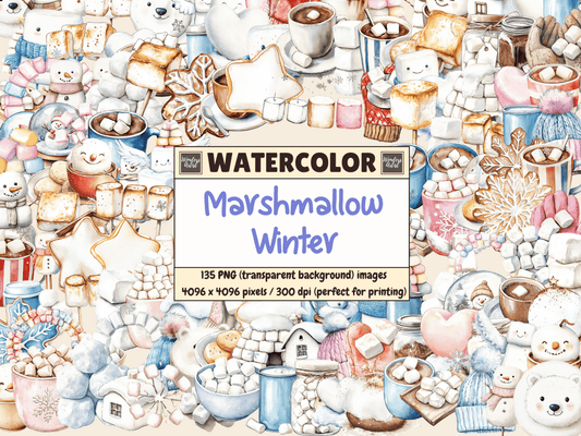 Marshmallow Winter Watercolor Clipart All Bundles Clipart Line Art - WondersArtist