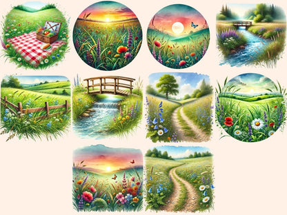 Meadow Scenes Clipart - High - Quality Instant Digital Download for Creative Projects