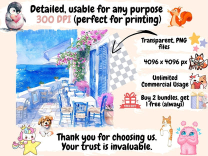 Mediterranean Summer Watercolor Clipart Beach Clipart - Wonders Artist