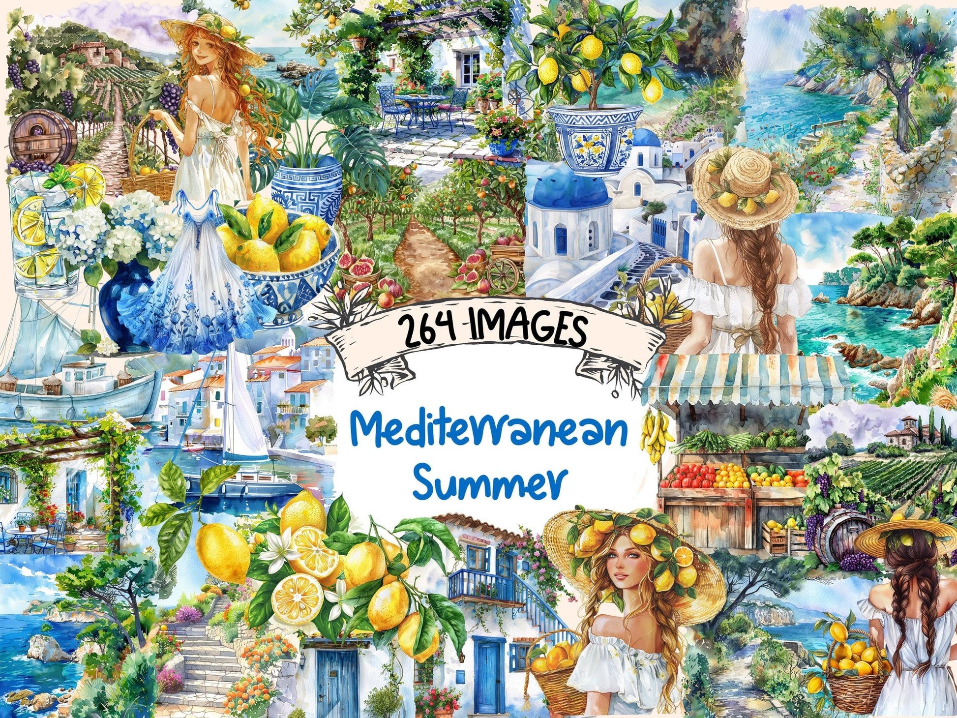 Mediterranean Summer Watercolor Clipart - High - Quality Instant Digital Download for Creative Projects