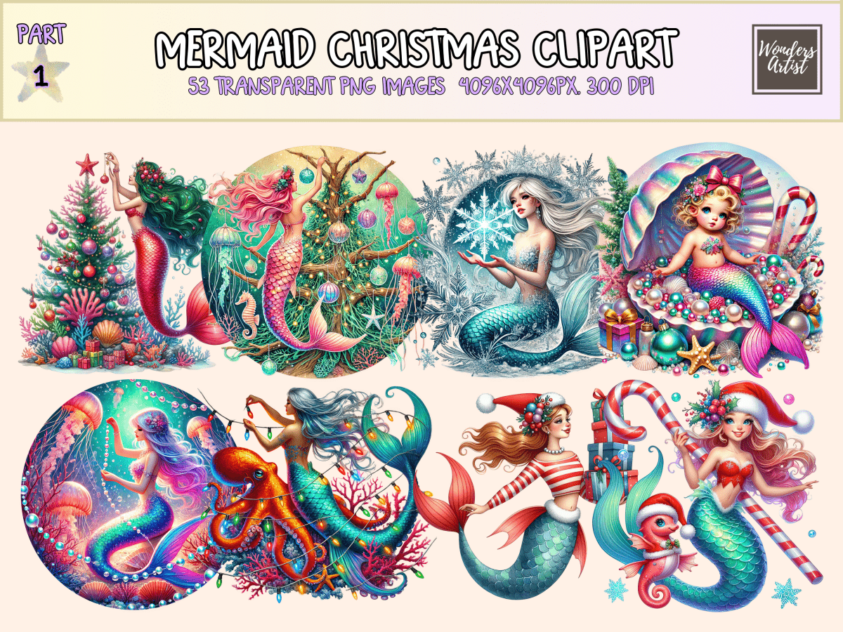 Mermaid Christmas Clipart All Bundles Clipart Line Art - WondersArtist