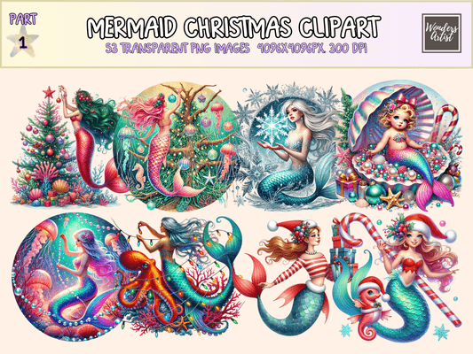 Mermaid Christmas Clipart All Bundles Clipart Line Art - WondersArtist