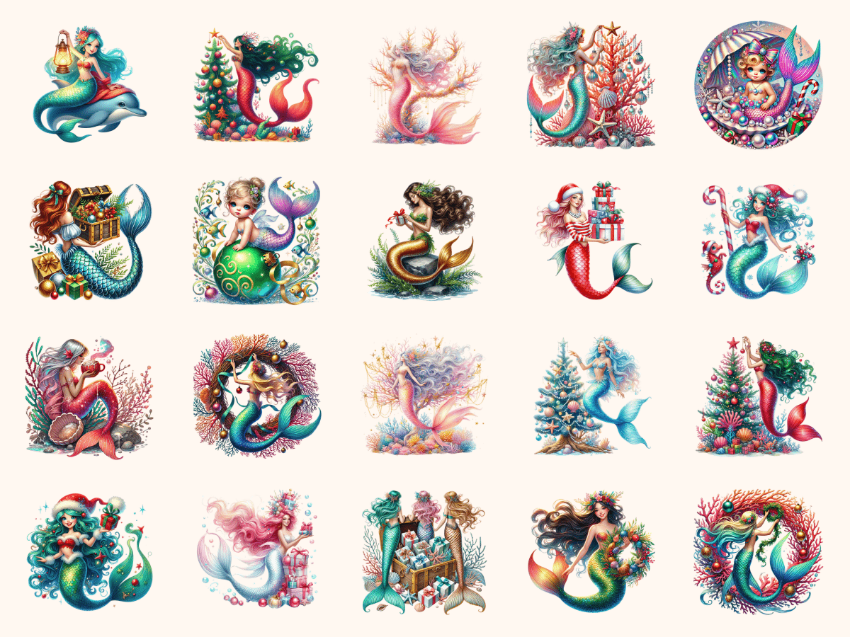 Mermaid Christmas Clipart All Bundles Clipart Line Art - WondersArtist