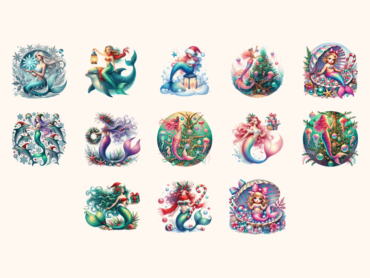 Mermaid Christmas Clipart All Bundles Clipart Line Art - WondersArtist