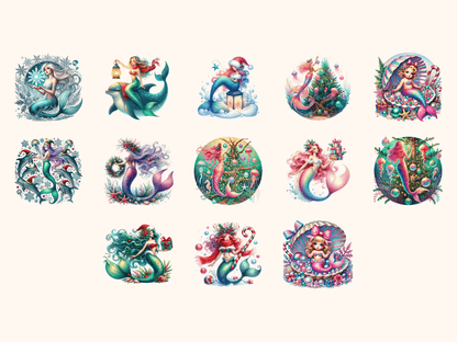 Mermaid Christmas Clipart All Bundles Clipart Line Art - WondersArtist