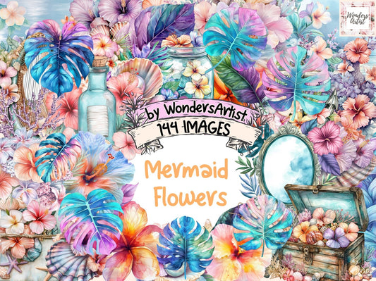 Mermaid Flowers Watercolor Clipart - High - Quality Instant Digital Download for Creative Projects