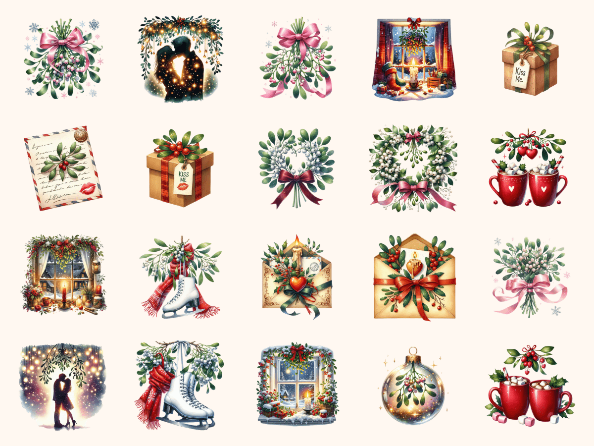 Mistletoe Kisses Clipart All Bundles Clipart Line Art - WondersArtist