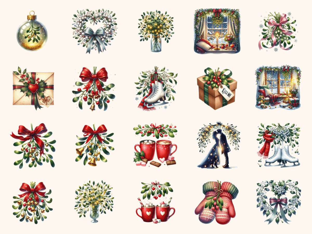 Mistletoe Kisses Clipart All Bundles Clipart Line Art - WondersArtist