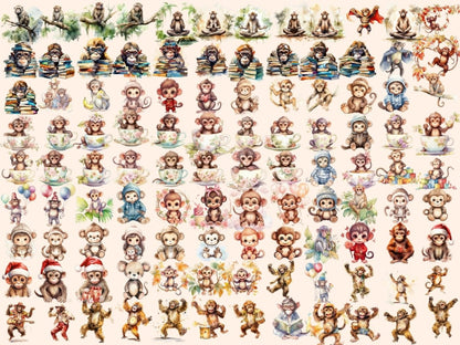 Monkeys Watercolor Clipart animal clipart - Wonders Artist