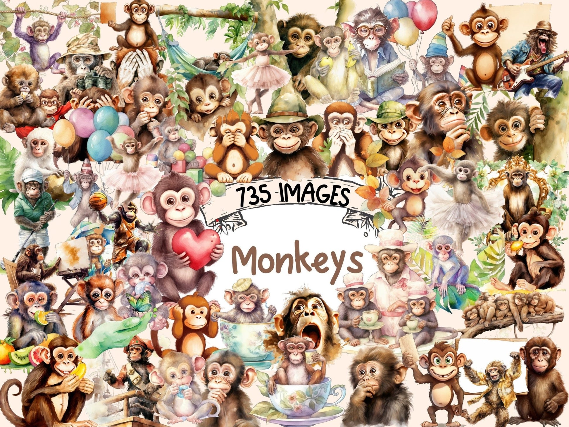 Monkeys Watercolor Clipart - High - Quality Instant Digital Download for Creative Projects