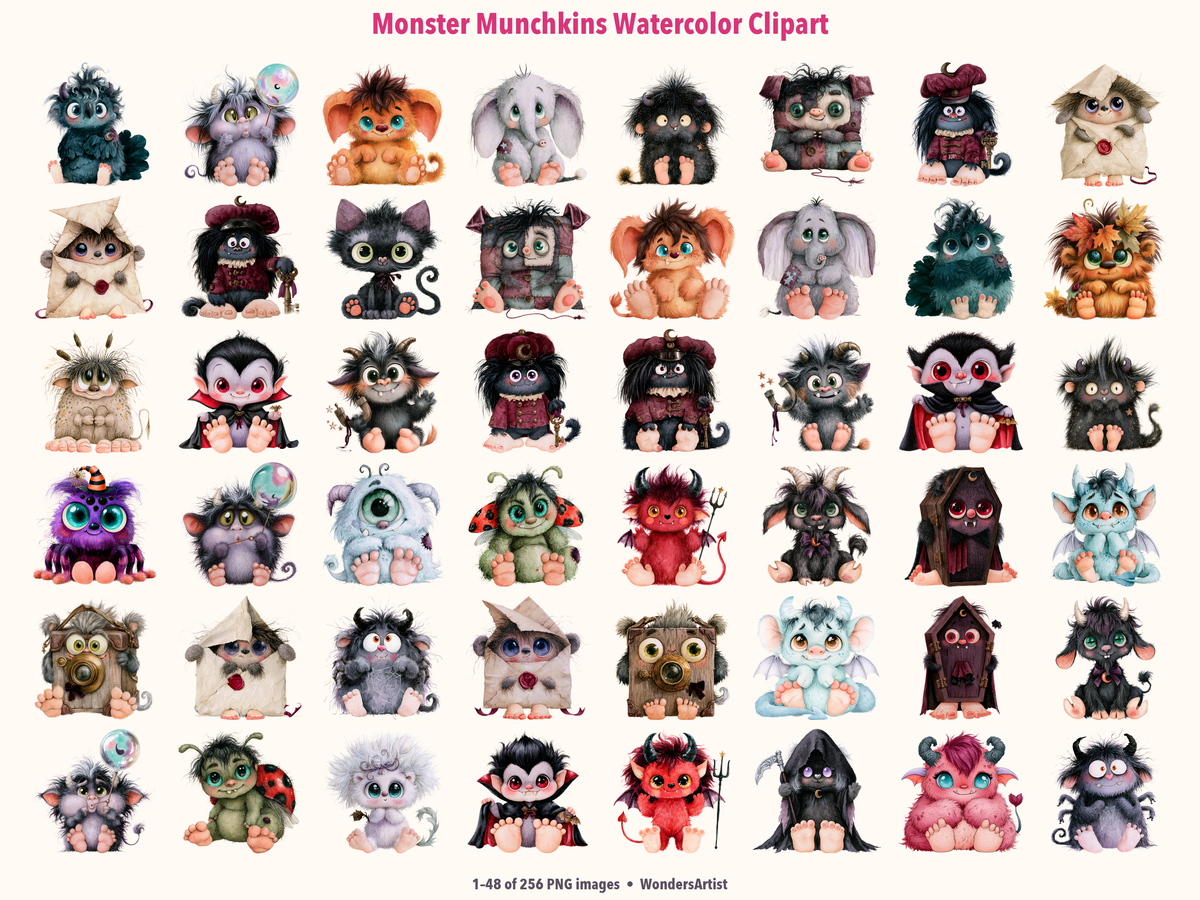 Monster Munchkins Watercolor Clipart — preview grid 1