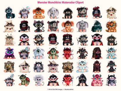 Monster Munchkins Watercolor Clipart — preview grid 1