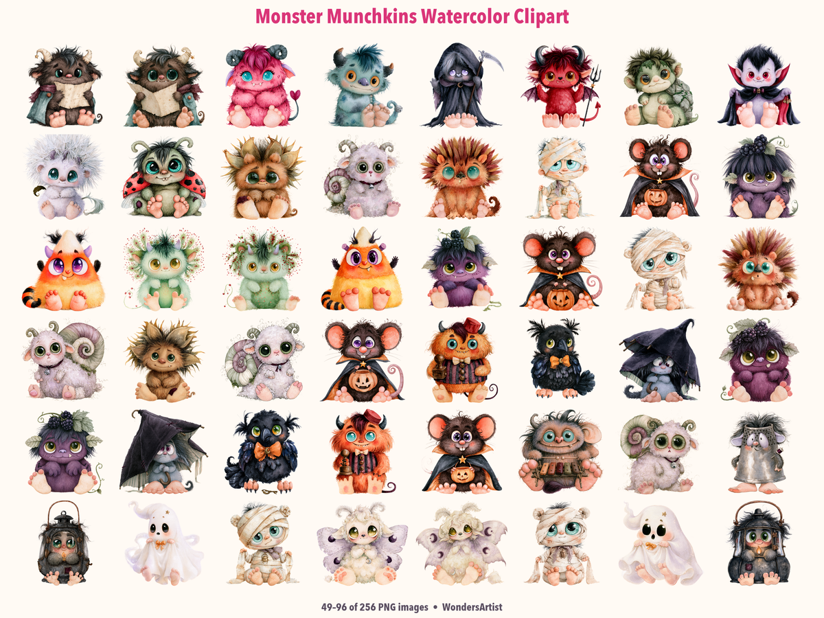 Monster Munchkins Watercolor Clipart — preview grid 2