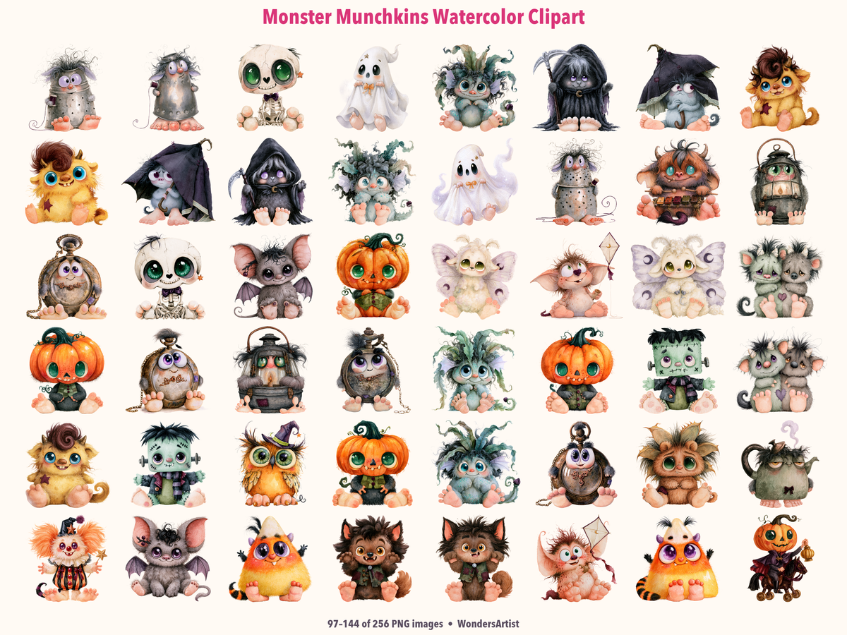 Monster Munchkins Watercolor Clipart — preview grid 3