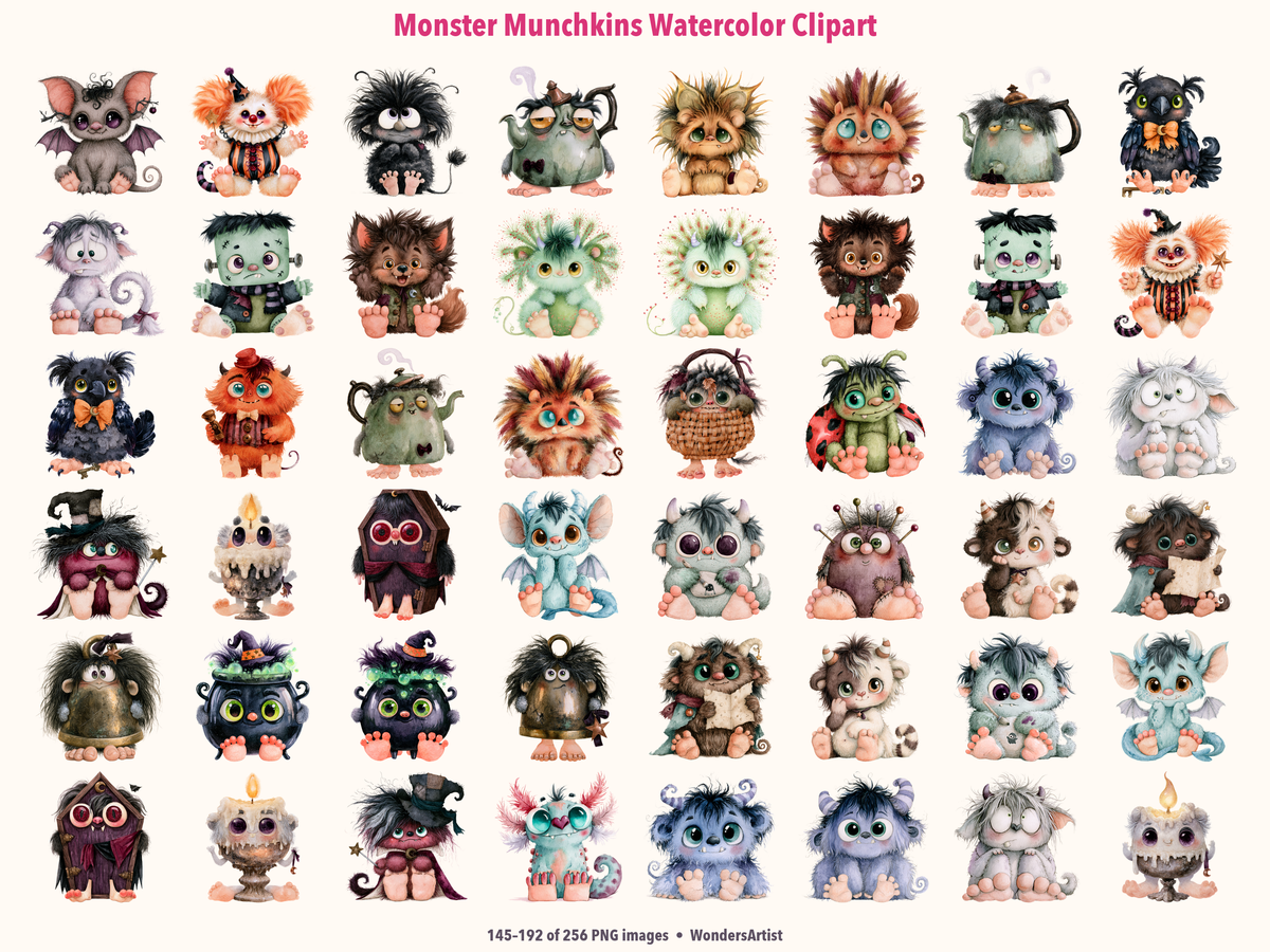Monster Munchkins Watercolor Clipart — preview grid 4