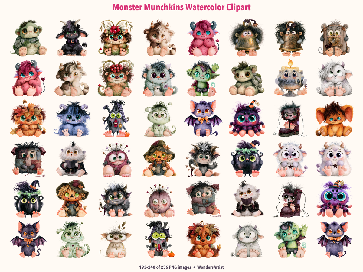 Monster Munchkins Watercolor Clipart — preview grid 5