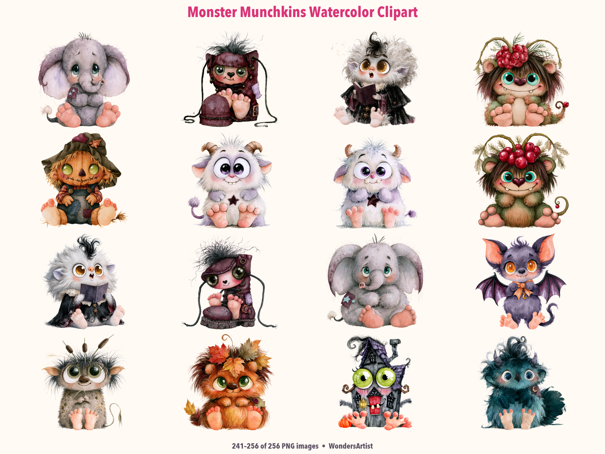 Monster Munchkins Watercolor Clipart — preview grid 6
