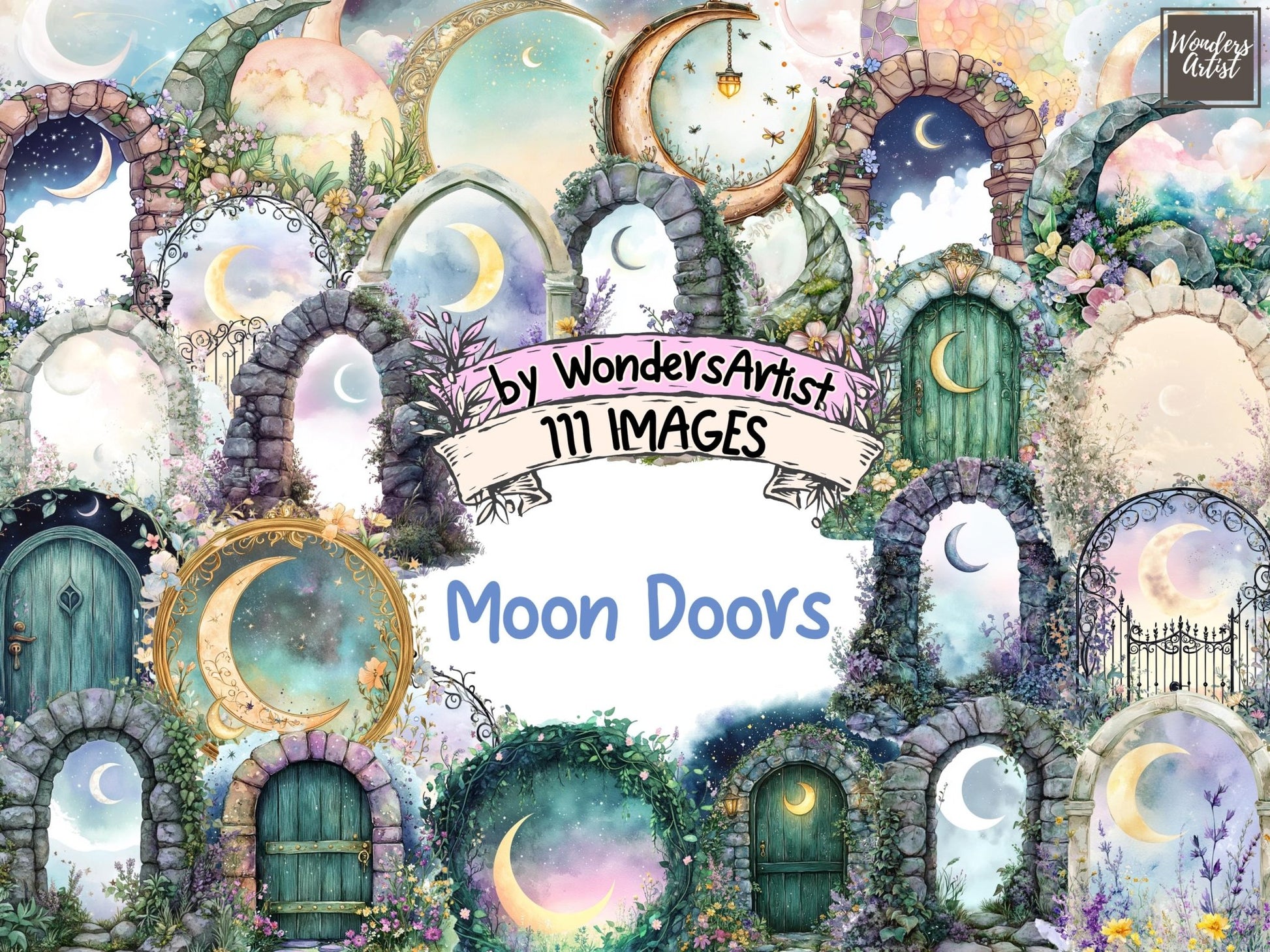 Moon Doors Watercolor Clipart - High - Quality Instant Digital Download for Creative Projects