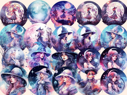 Moon Witches Watercolor Clipart fantasy clipart - Wonders Artist