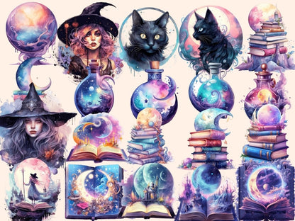 Moon Witches Watercolor Clipart fantasy clipart - Wonders Artist