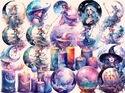Moon Witches Watercolor Clipart fantasy clipart - Wonders Artist
