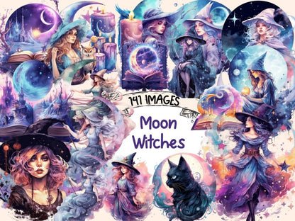 Moon Witches Watercolor Clipart fantasy clipart - Wonders Artist