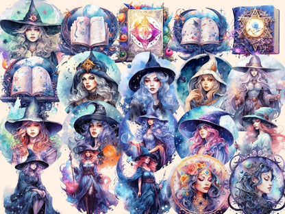 Moon Witches Watercolor Clipart fantasy clipart - Wonders Artist