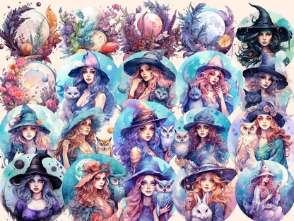 Moon Witches Watercolor Clipart fantasy clipart - Wonders Artist