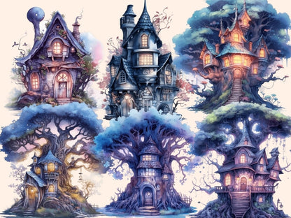 Moonlight Fairy Houses Watercolor Clipart fairy house clipart - Wonders Artist