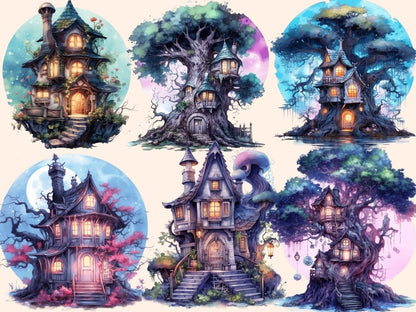 Moonlight Fairy Houses Watercolor Clipart fairy house clipart - Wonders Artist